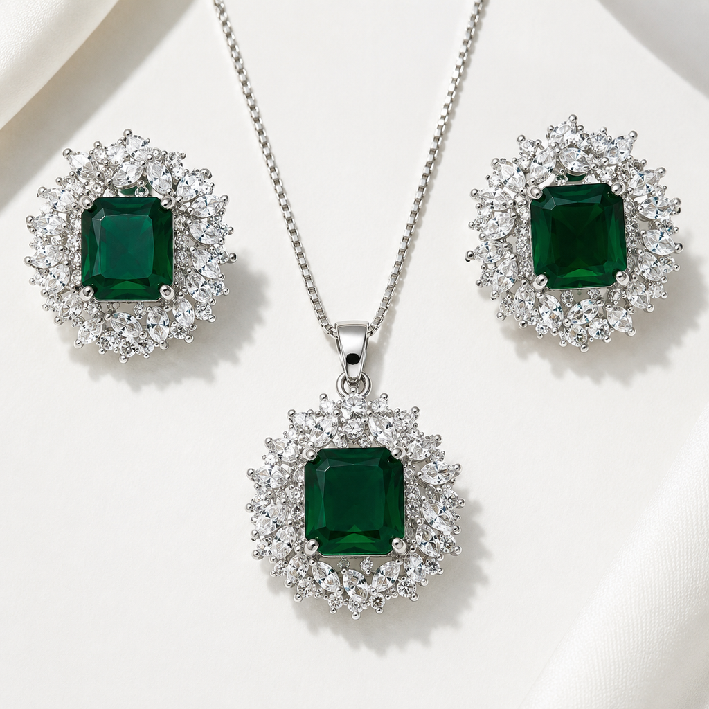 Emerald Green Crystal Necklace & Earrings Set |